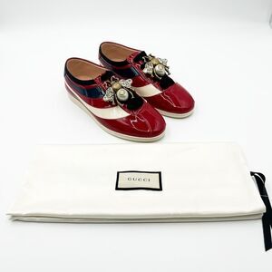 Gucci Patent Leather Falacer Crystal Embellished Bee Sneakers Trainers 38, 8